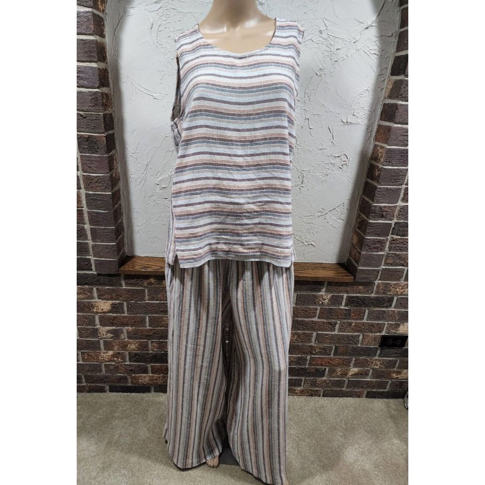 NWT Charlie B Striped Palazzo Leg Smocked Waist Pants Top Linen Blend Size L